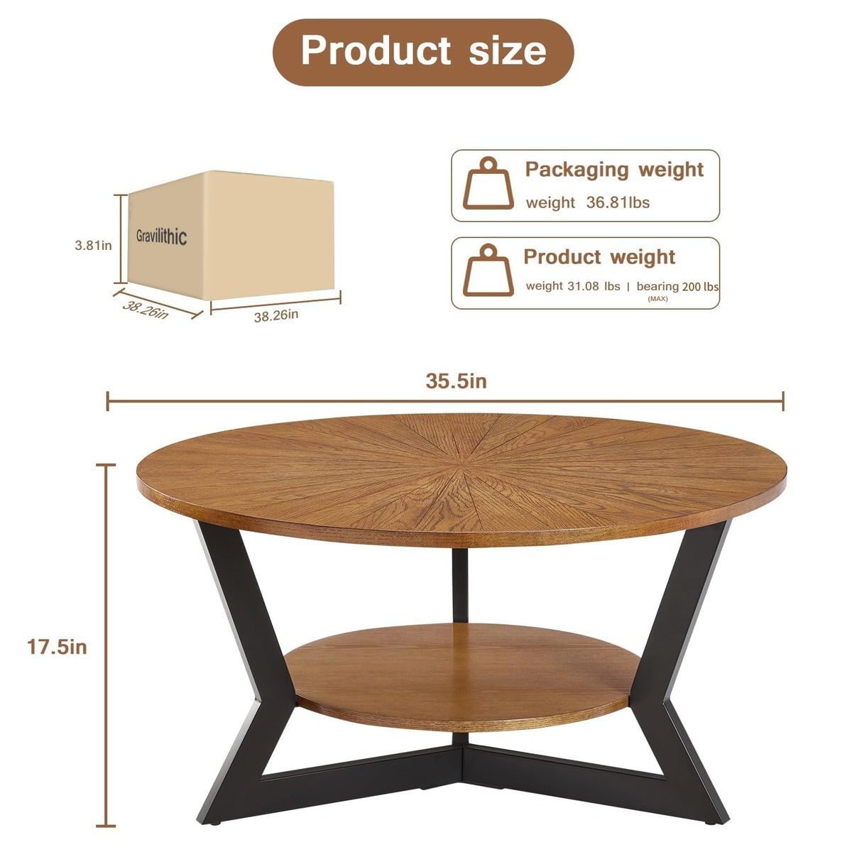 Brown 2-Tier Solid Wood Round Coffee Table Y6421