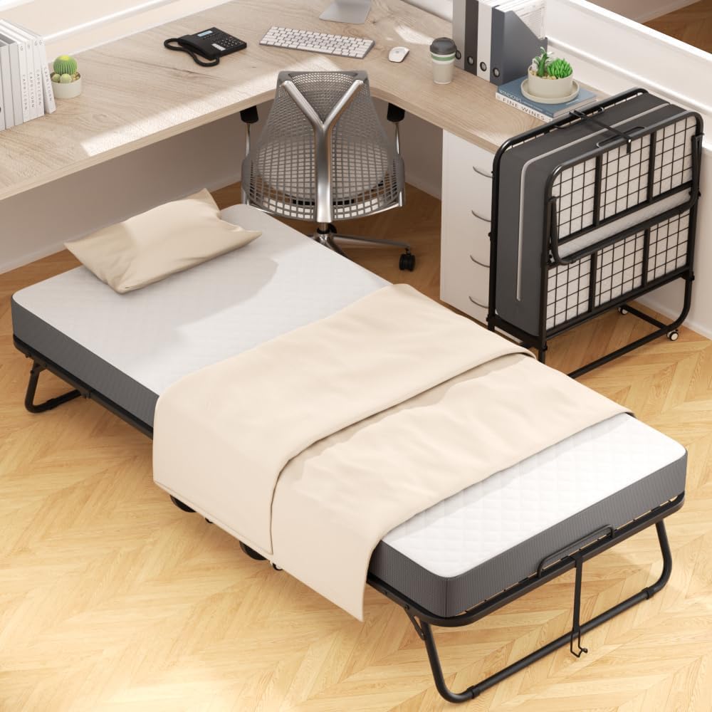 Foldable Single Bed with 5" Memory Foam Mattress and Wheels B64861