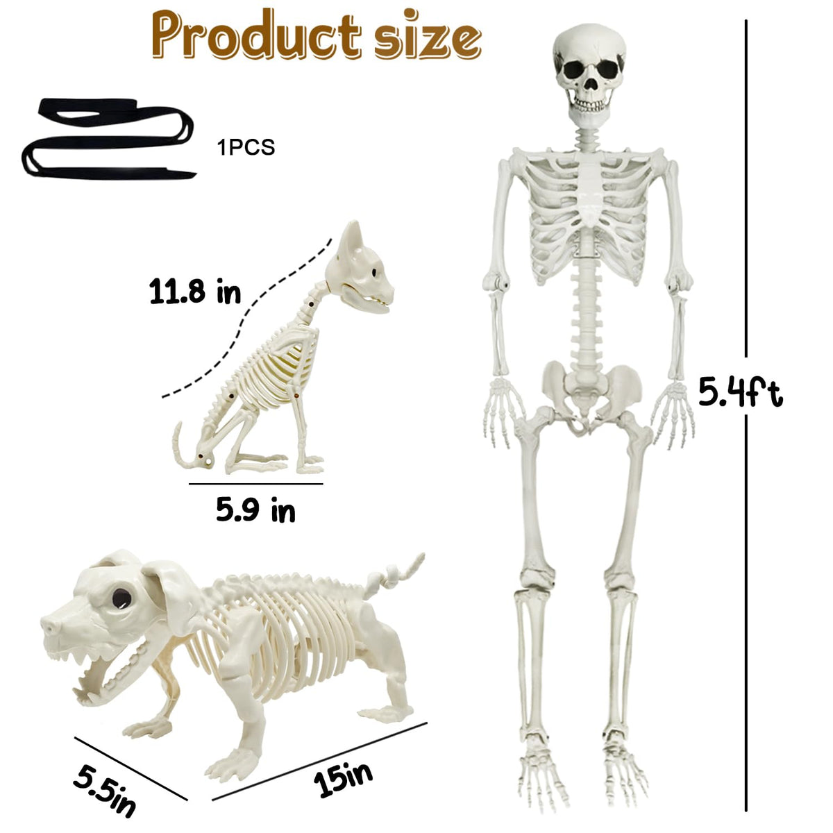 5.4Ft Posable Halloween Skeleton with Dog Cat Skeleton I800