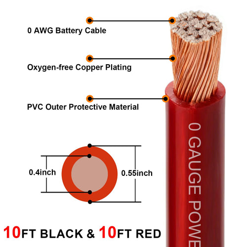 0 Gauge CCA Battery Cable 10FT Red 10FT Black U45219