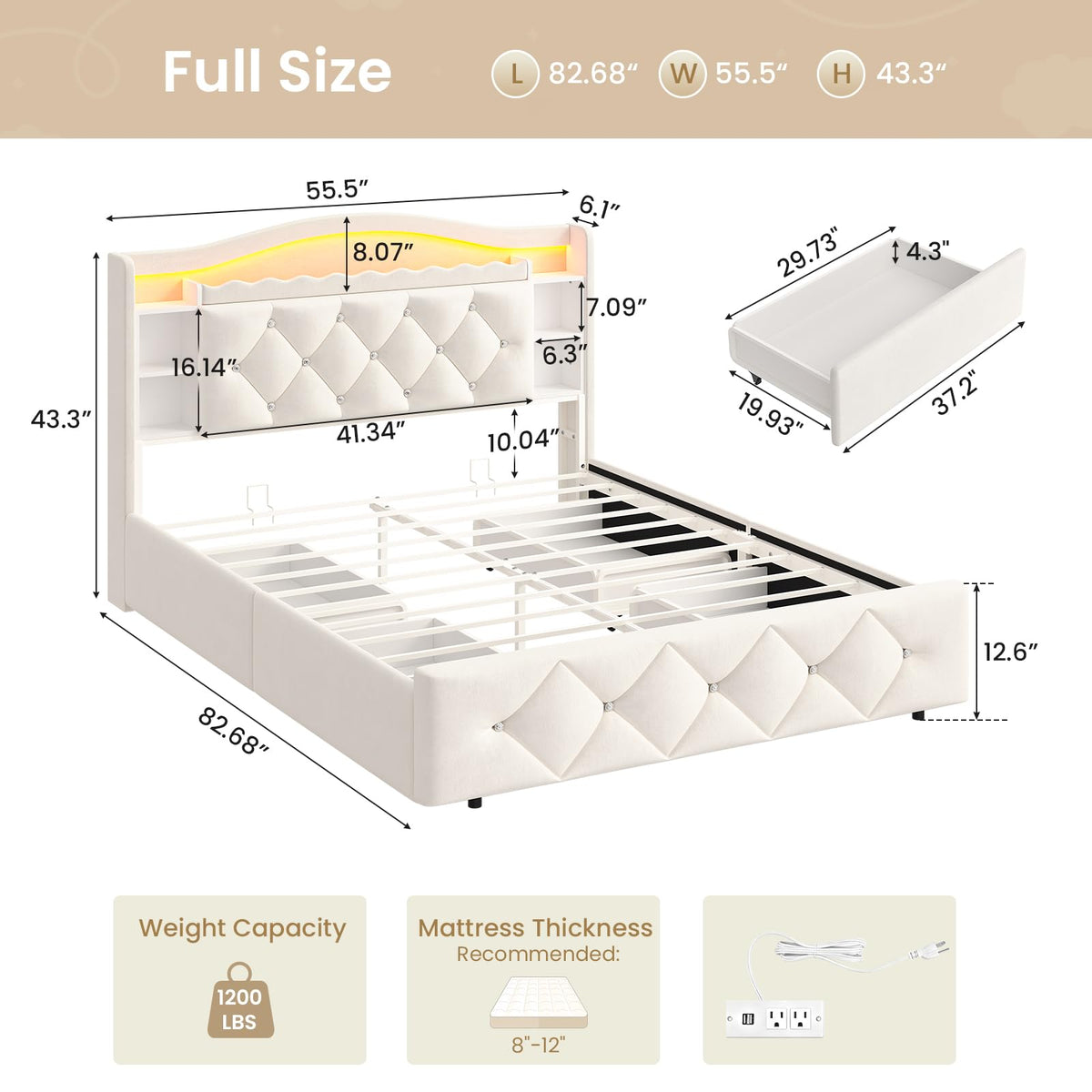 Full Size Velvet Upholstered Platform Bed with 4 Storage Drawers G318