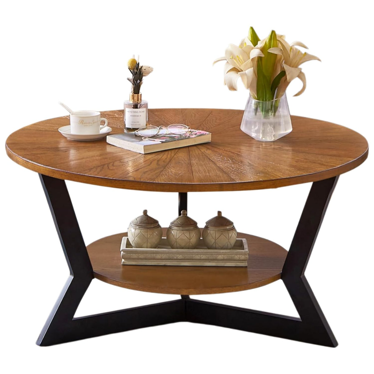 Brown 2-Tier Solid Wood Round Coffee Table Y6421