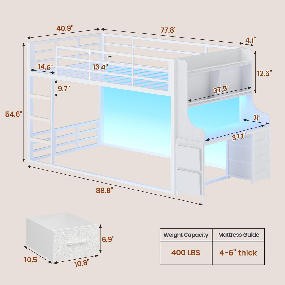 White Twin Over Twin Low Bunk Bed with Desk & 3 Storage Drawers O712099