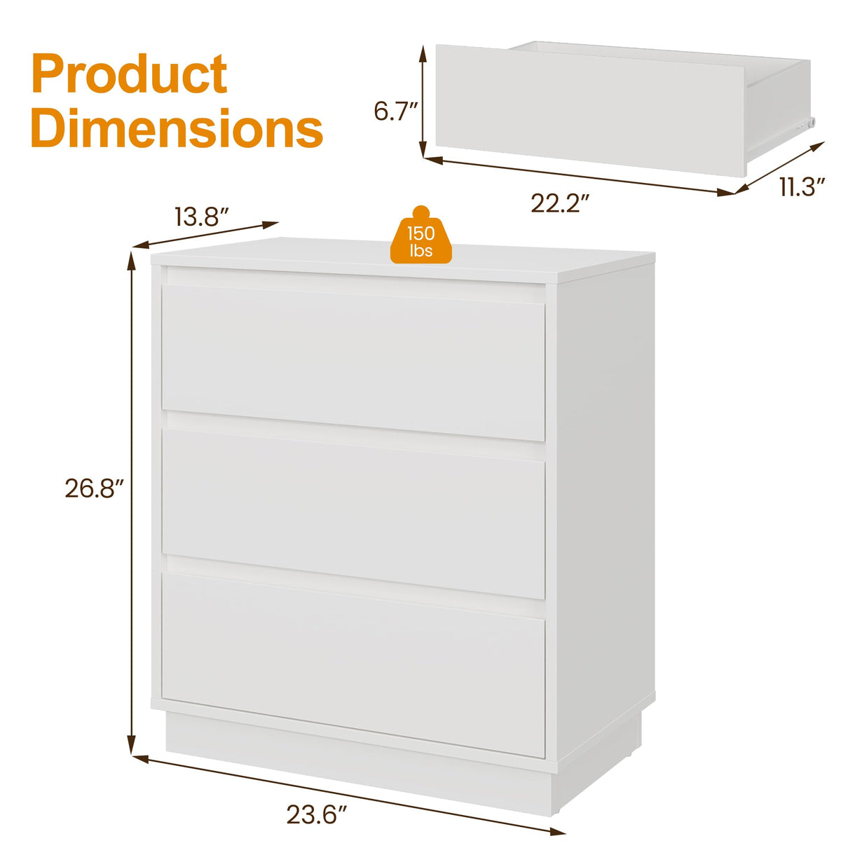 White 3 Drawer Nightstand Y3729