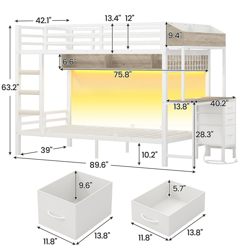 White Twin Over Twin Metal Bunk Bed with Desk and 3 Storage Drawers C971262
