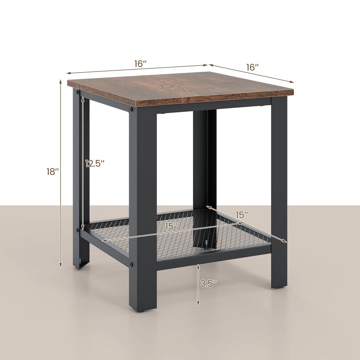 2-Tier End Table Set of 2, 16 Inch Side Table with Mesh Storage Shelf K1003