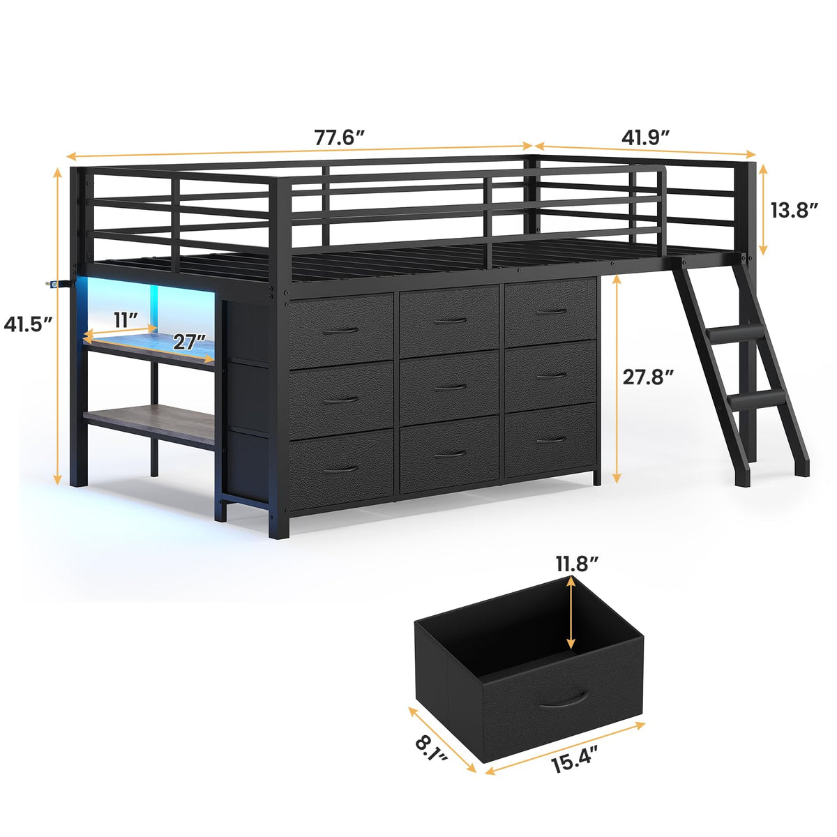 Twin Size Loft Bed with 9 Storage Drawers Z660135