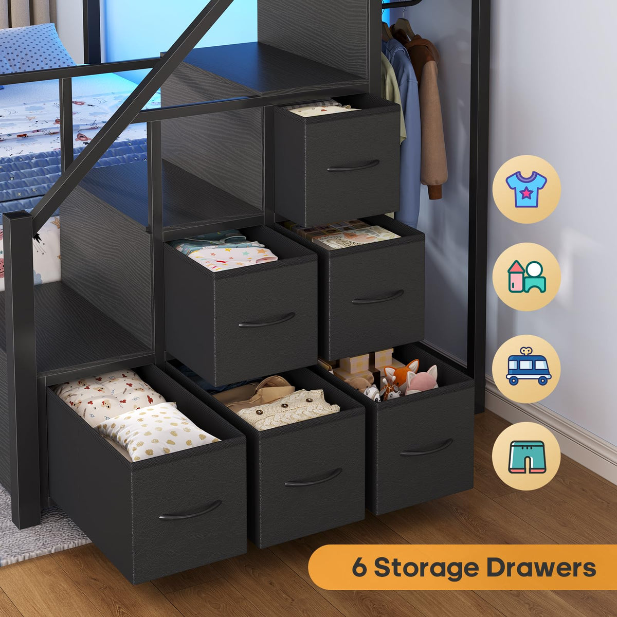 Twin Over Twin Bunk Bed with Trundle, Stairs, 6 Drawers, LED Lights I83905