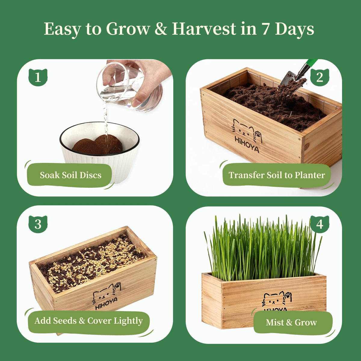 Cat Grass Kit with 5 Packets of Seeds, Wooden Planter, 6 Soil Discs, Trimming Scissors, Spray Bottle, and Mini Tools G534617