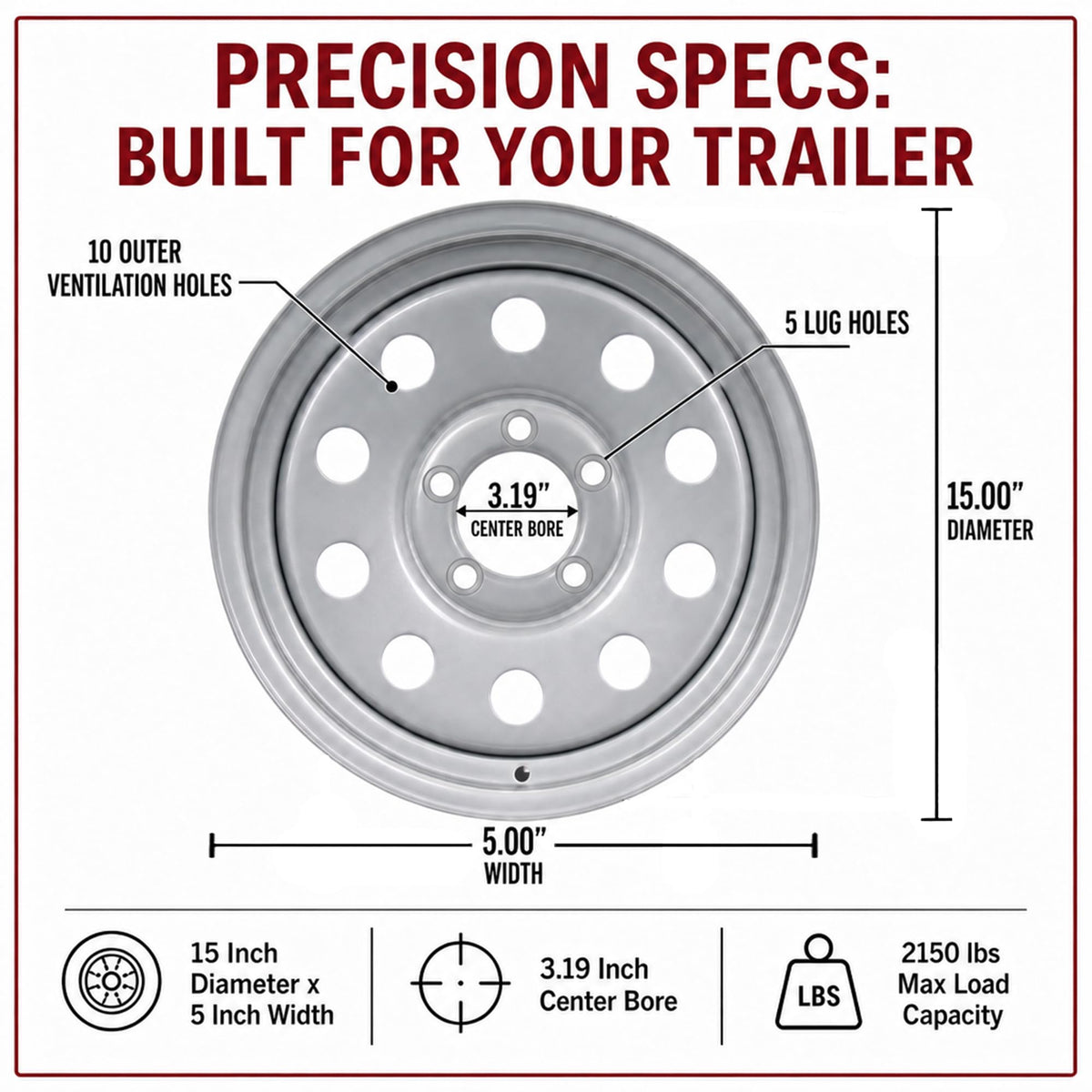 15 Inch 5 Lug Silver Trailer Wheel F586511