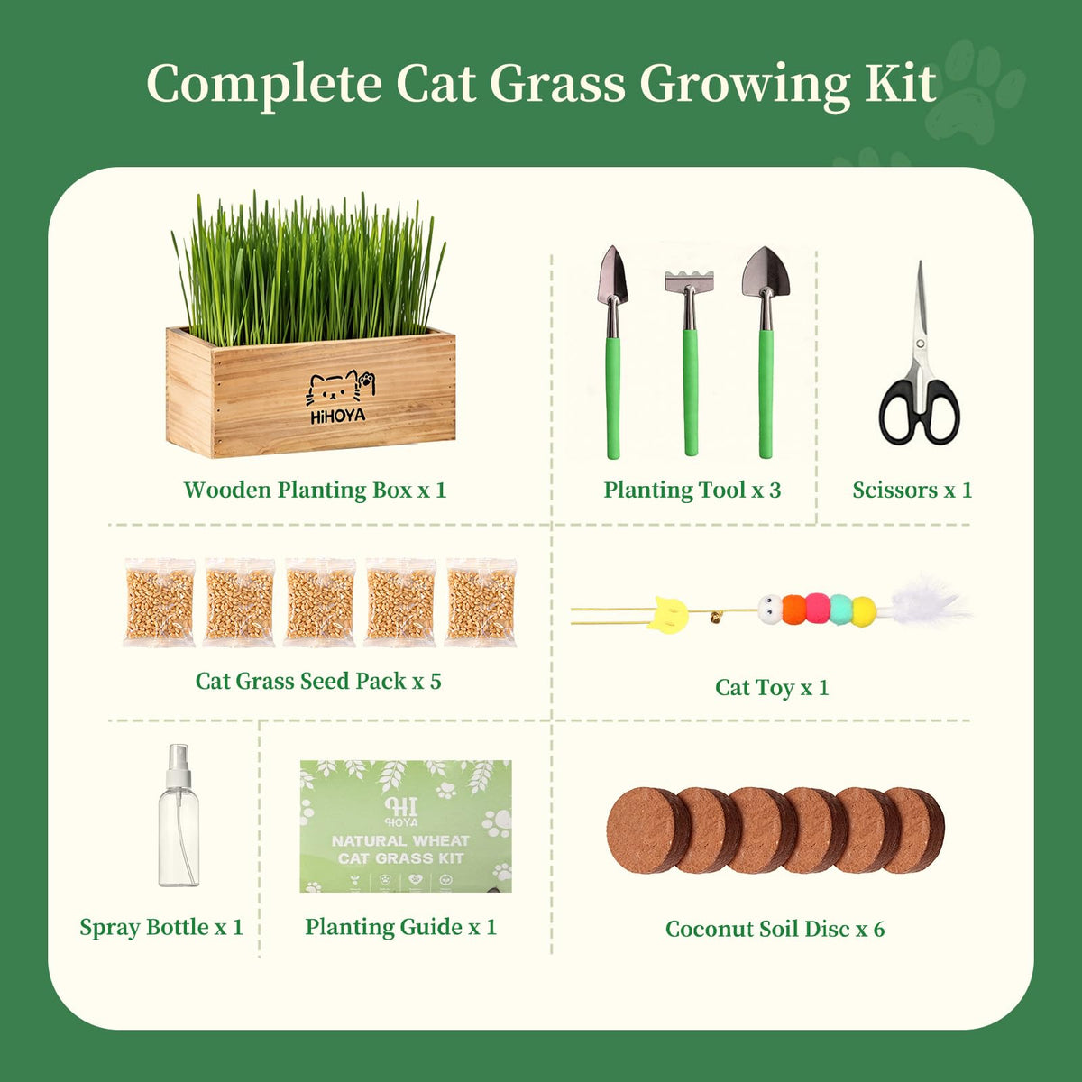Cat Grass Kit with 5 Packets of Seeds, Wooden Planter, 6 Soil Discs, Trimming Scissors, Spray Bottle, and Mini Tools G534617