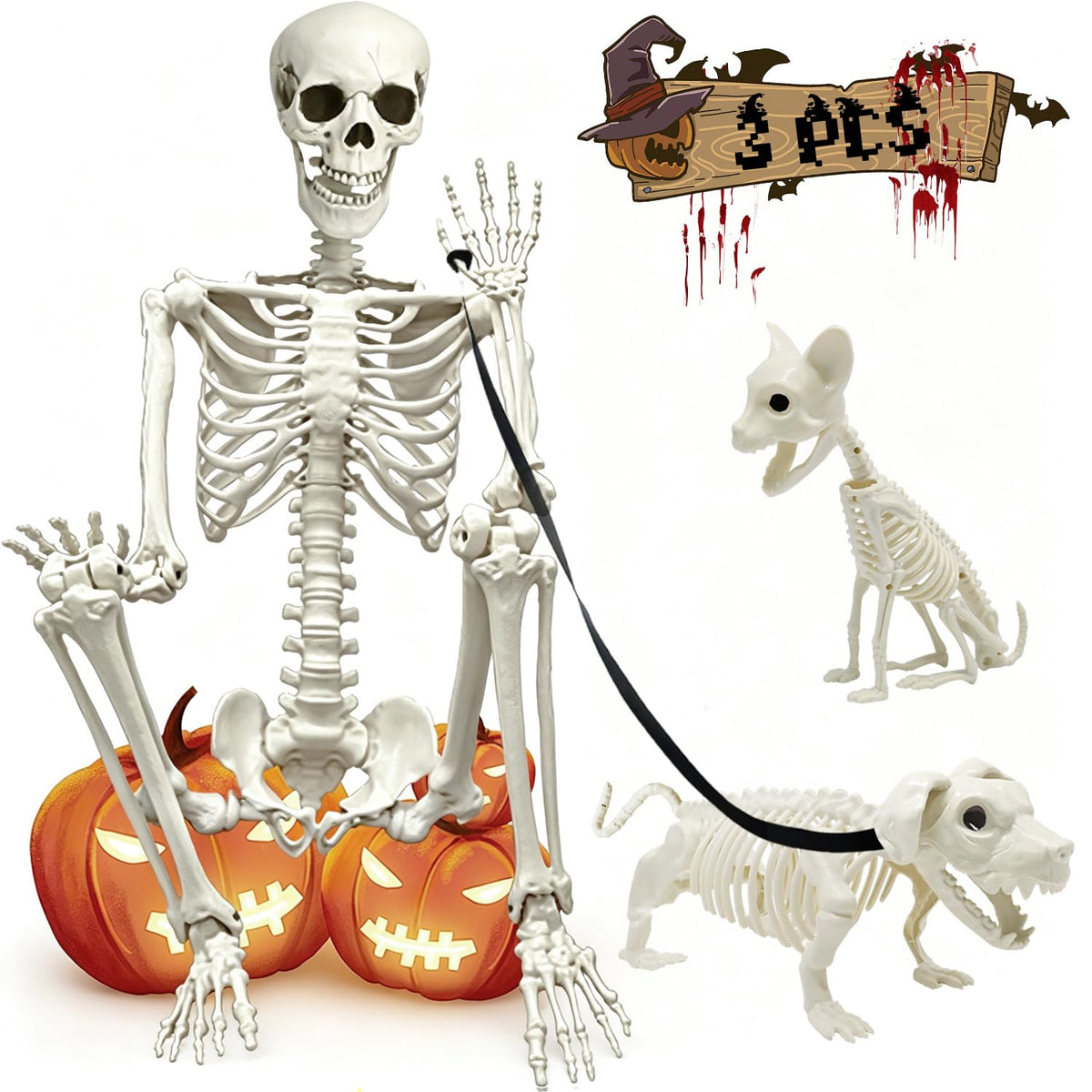 5.4Ft Posable Halloween Skeleton with Dog Cat Skeleton I800