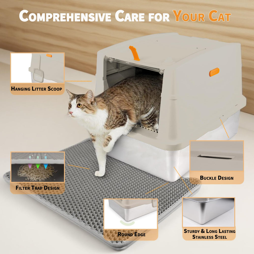 Large Stainless Steel Enclosed Cat Litter Box with Lid and Scoop D376