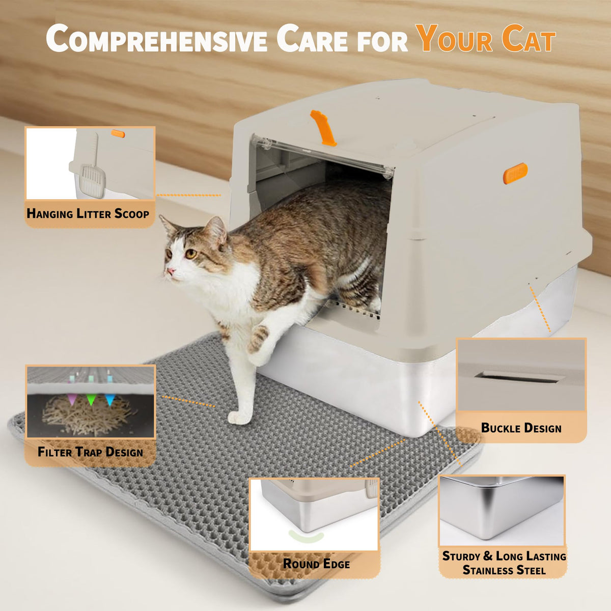 Large Stainless Steel Enclosed Cat Litter Box with Lid and Scoop D376
