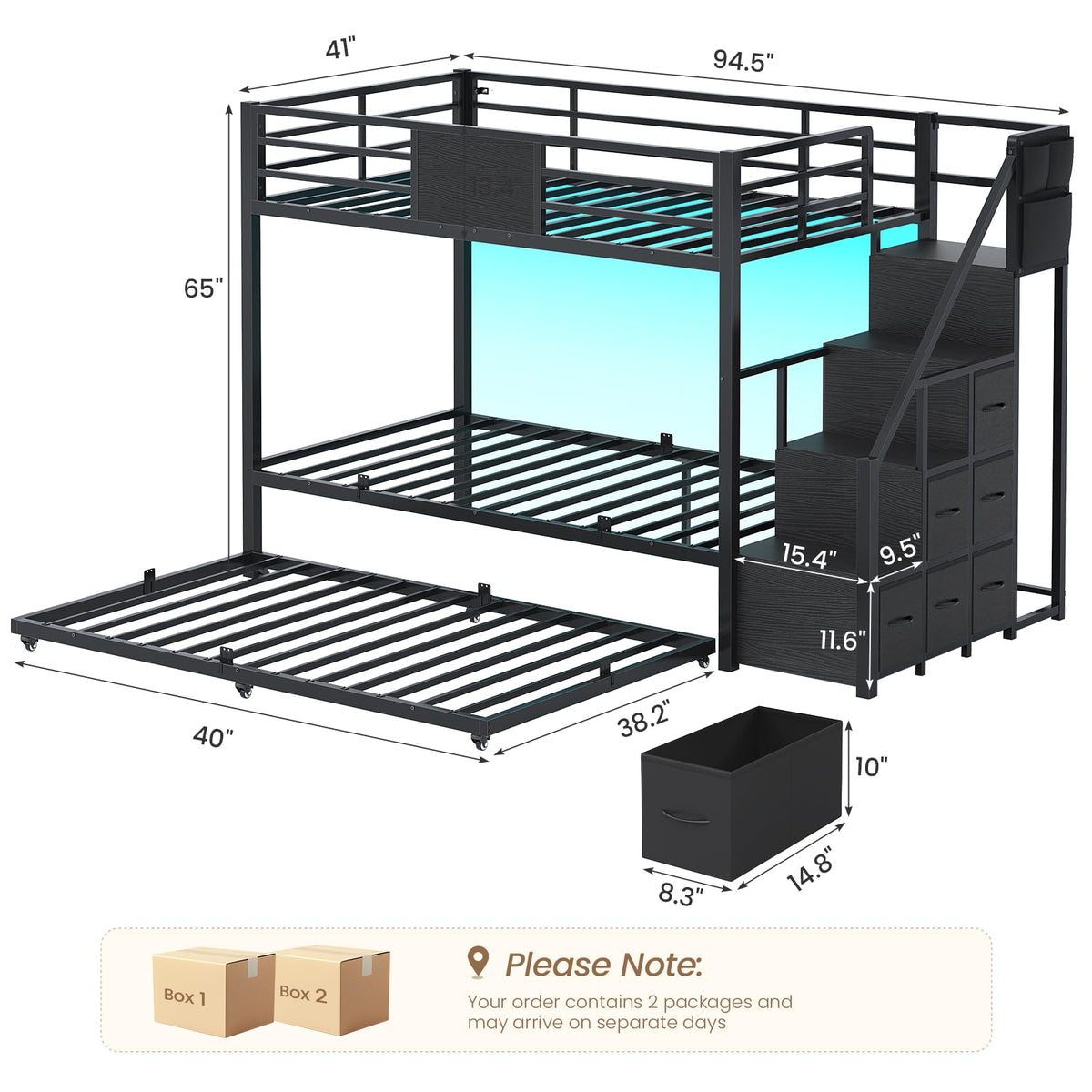 Twin Over Twin Bunk Bed with Trundle, Stairs, 6 Drawers, LED Lights I83905