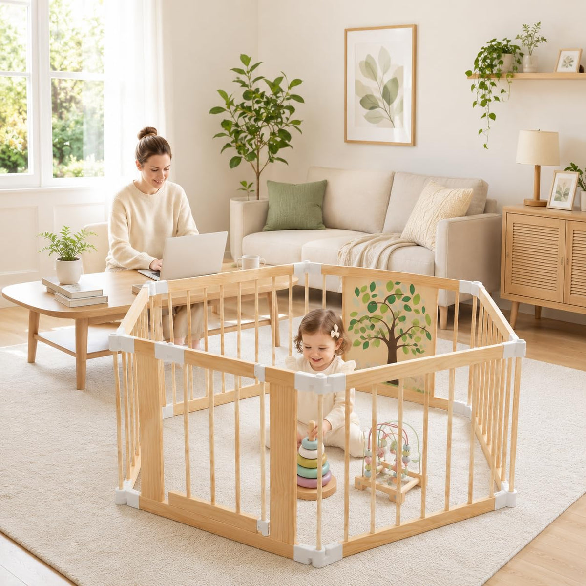 Foldable Wooden Baby Playpen with Adjustable Size and Shape B259024