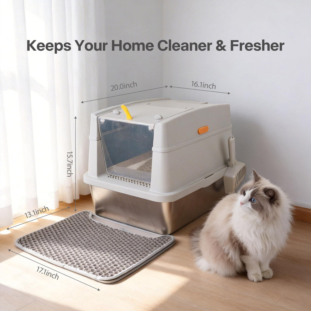 Large Stainless Steel Enclosed Cat Litter Box with Lid and Scoop D376
