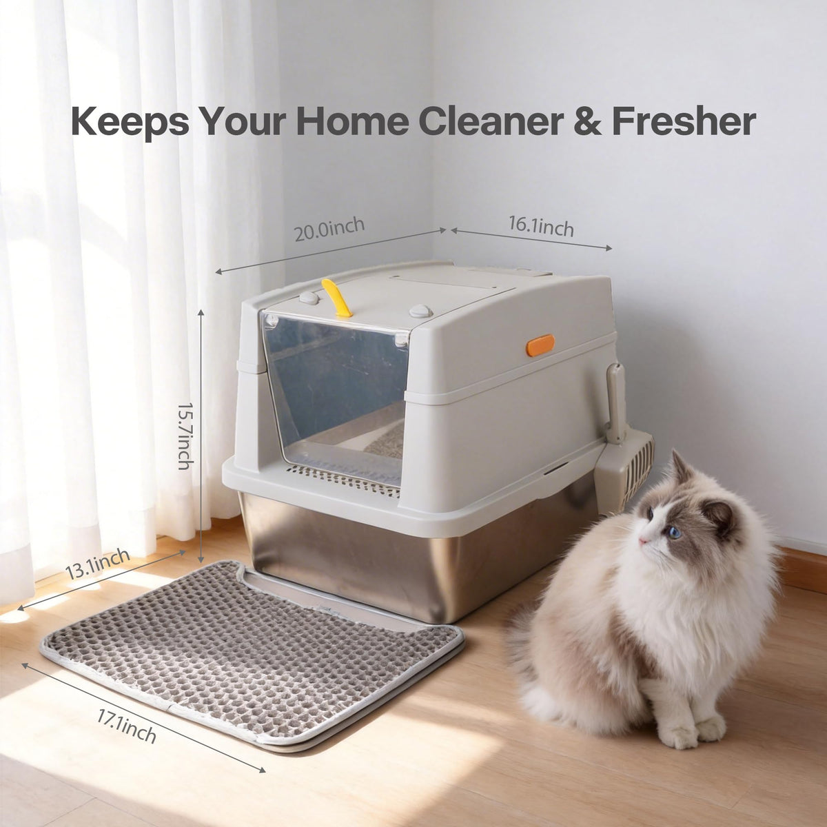 Large Stainless Steel Enclosed Cat Litter Box with Lid and Scoop D376