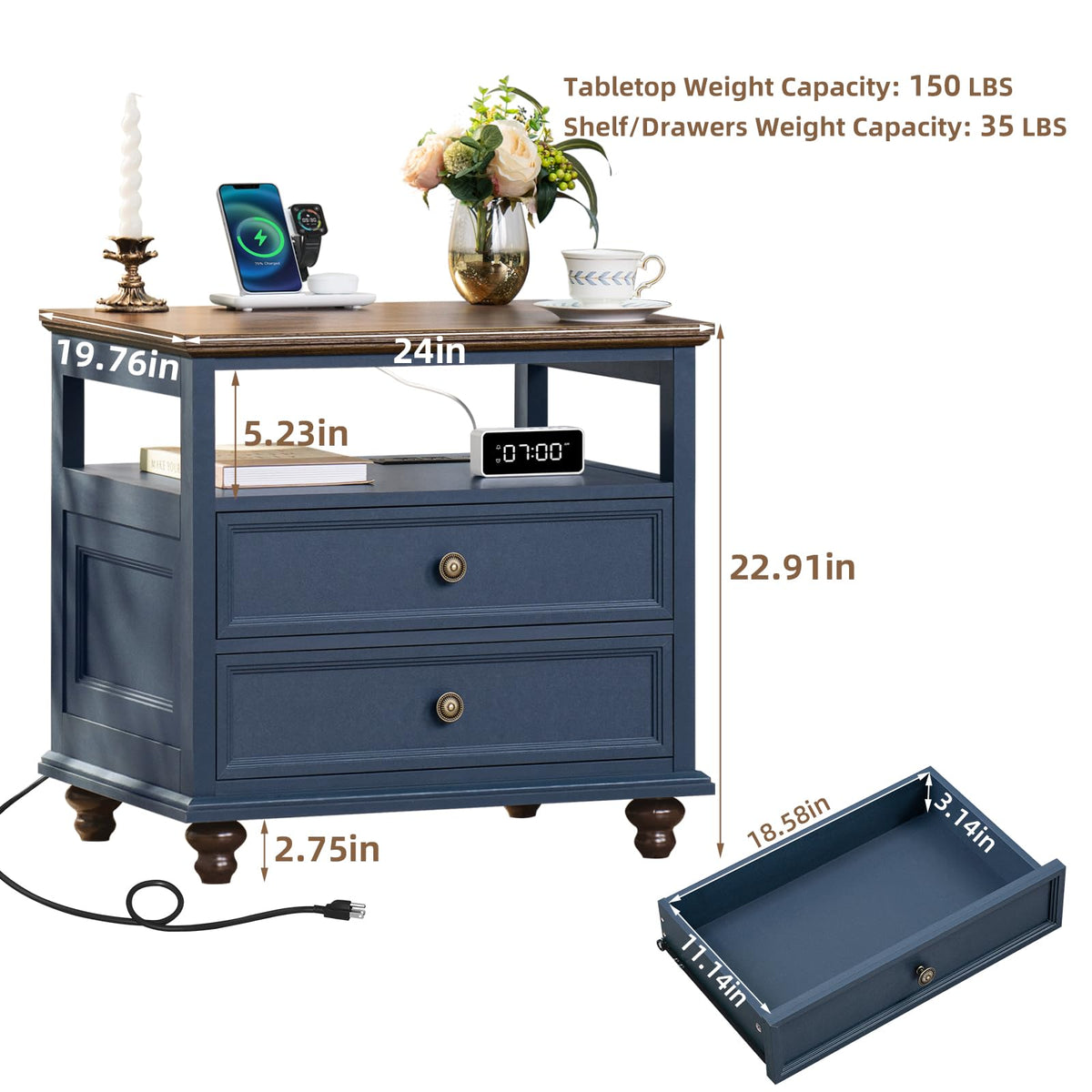 Blue 2 Drawer Wood Nightstand E45288