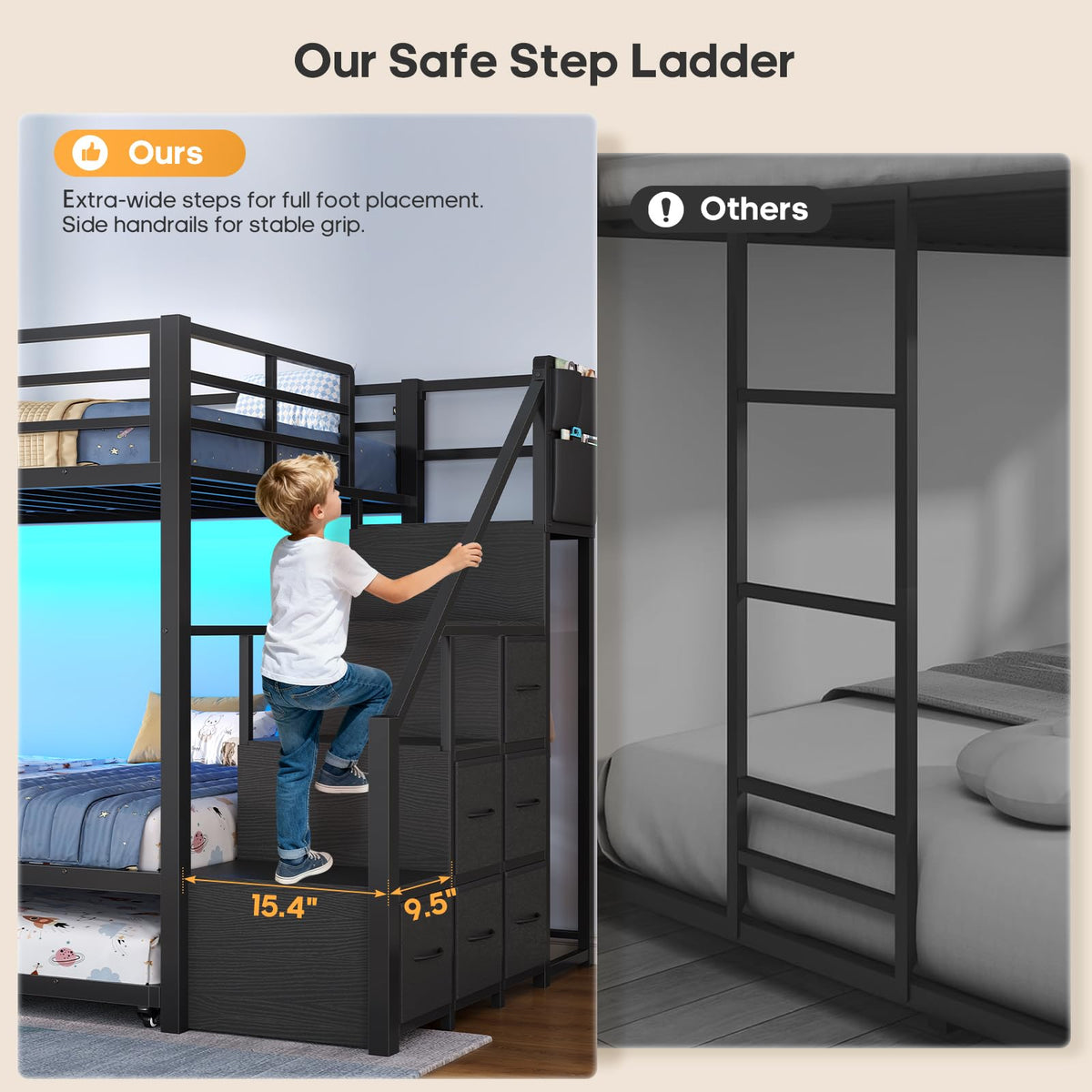 Twin Over Twin Bunk Bed with Trundle, Stairs, 6 Drawers, LED Lights I83905