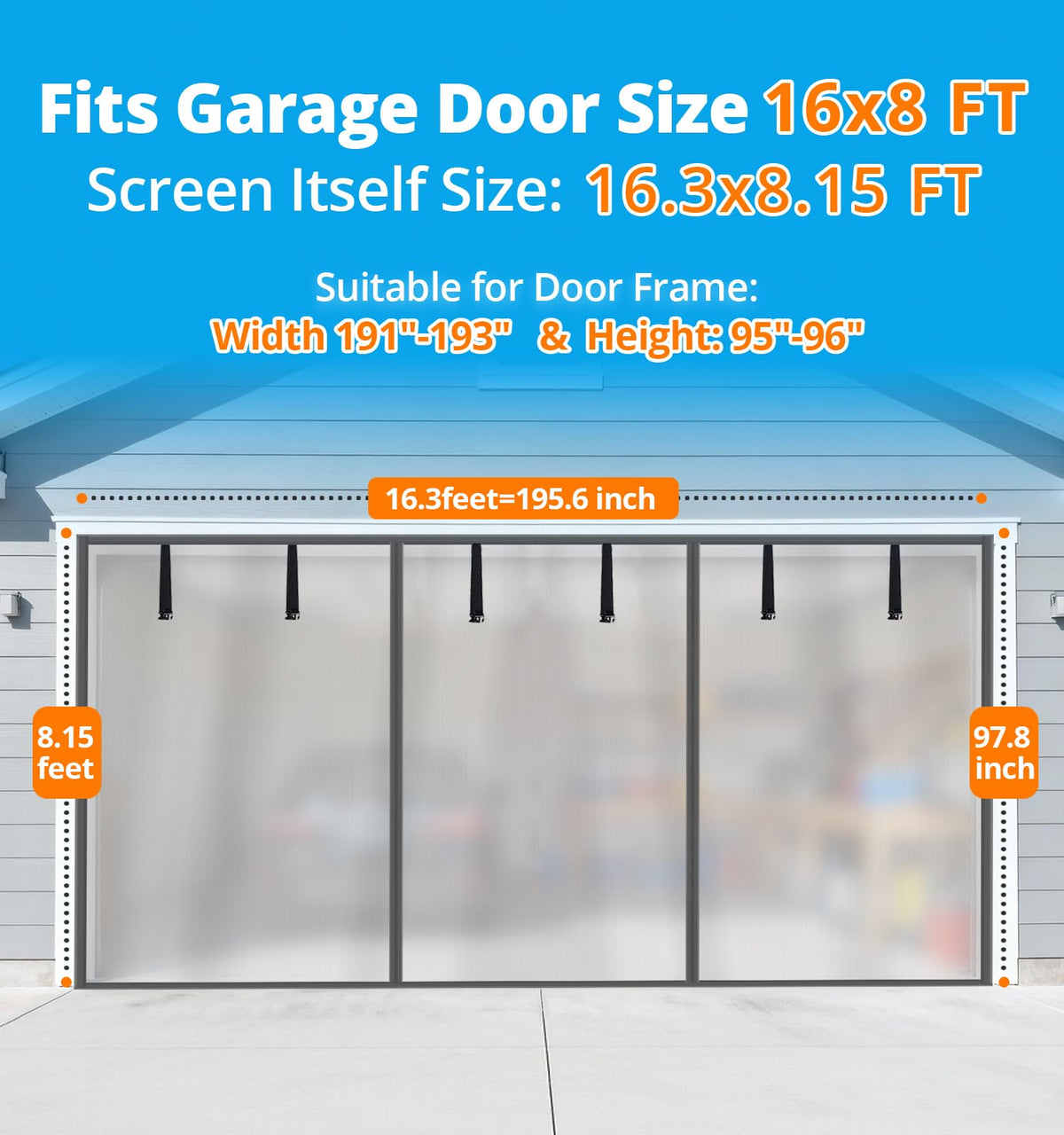 16x8FT Sliver Grey Magnetic Garage Door Screen with Fiberglass Mesh Y789