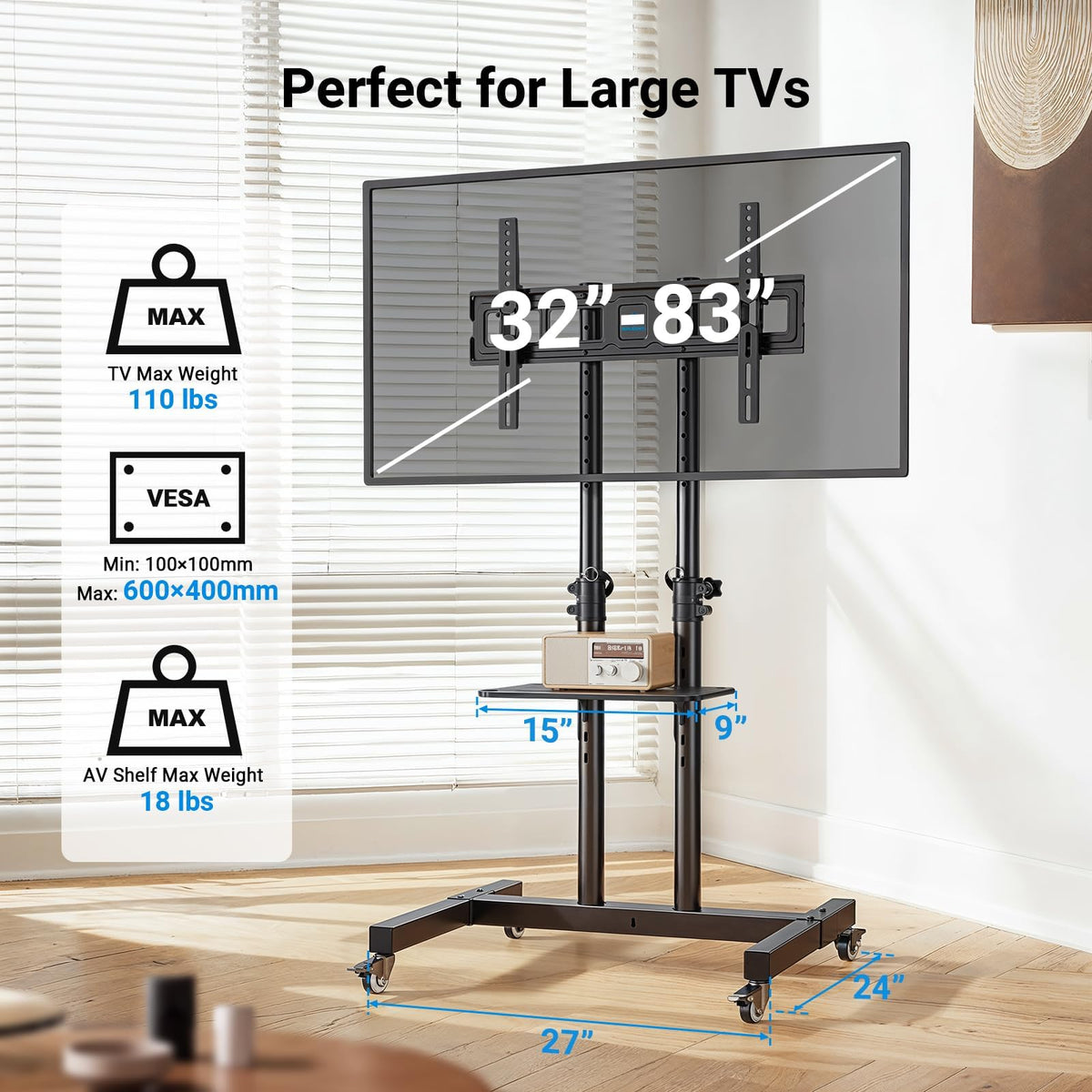 Rolling TV Stand on Wheels for 32-83 Inch Screens up to 110lbs P87497