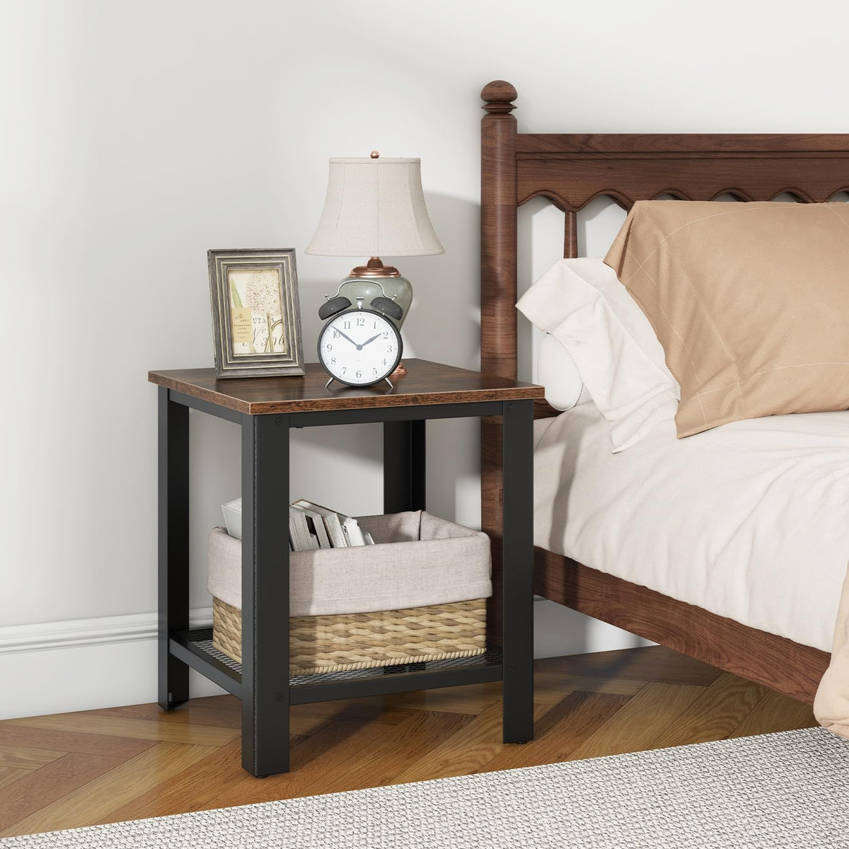 2-Tier End Table Set of 2, 16 Inch Side Table with Mesh Storage Shelf K1003