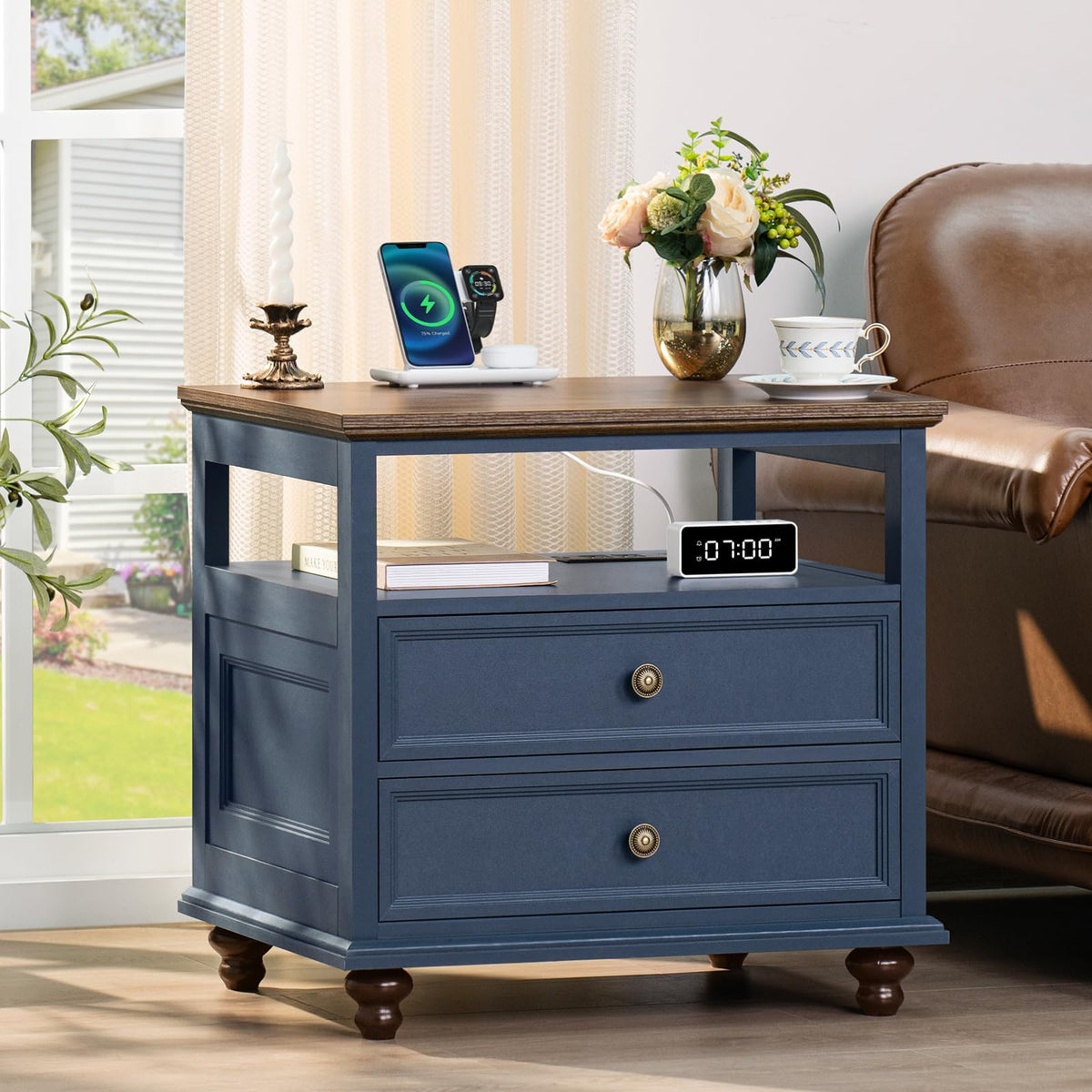 Blue 2 Drawer Wood Nightstand E45288