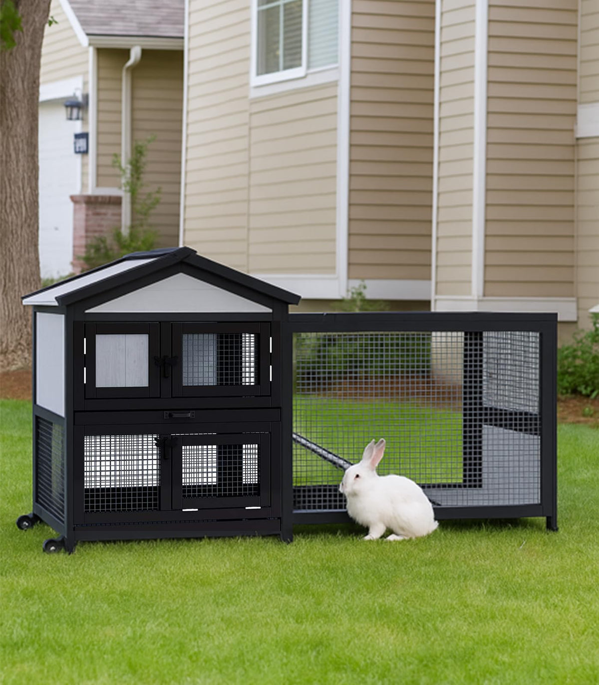 Black 2-Story Rabbit Hutch with Pull Out Tray J7134