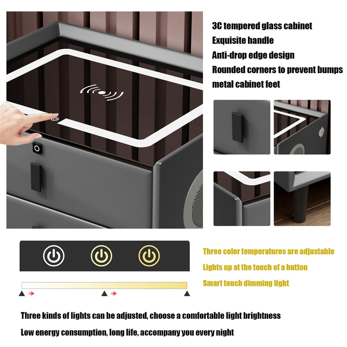 Pink 3 Drawer Smart Bedside Table with USB Charging A11038