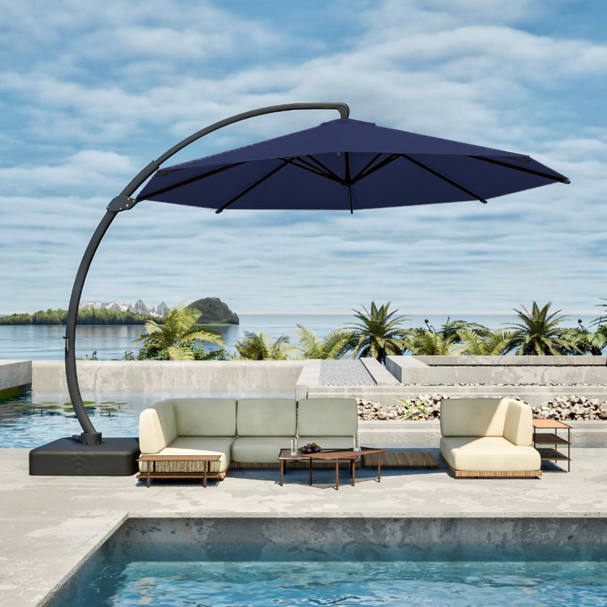 11FT Navy Blue Aluminum Cantilever Umbrella with Base M838