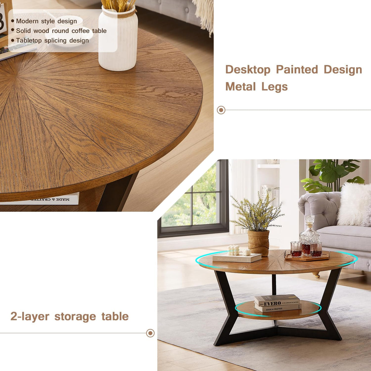 Brown 2-Tier Solid Wood Round Coffee Table Y6421