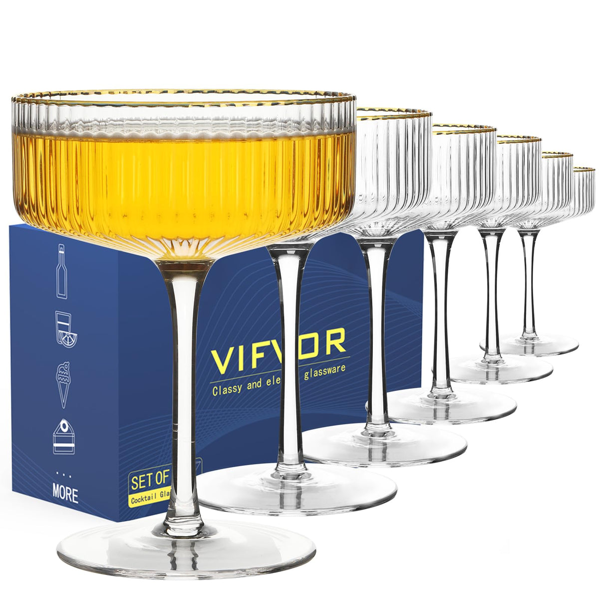 Coupe Glasses Set of 6, 10 oz Hand Blown Cocktail Glasses I2173