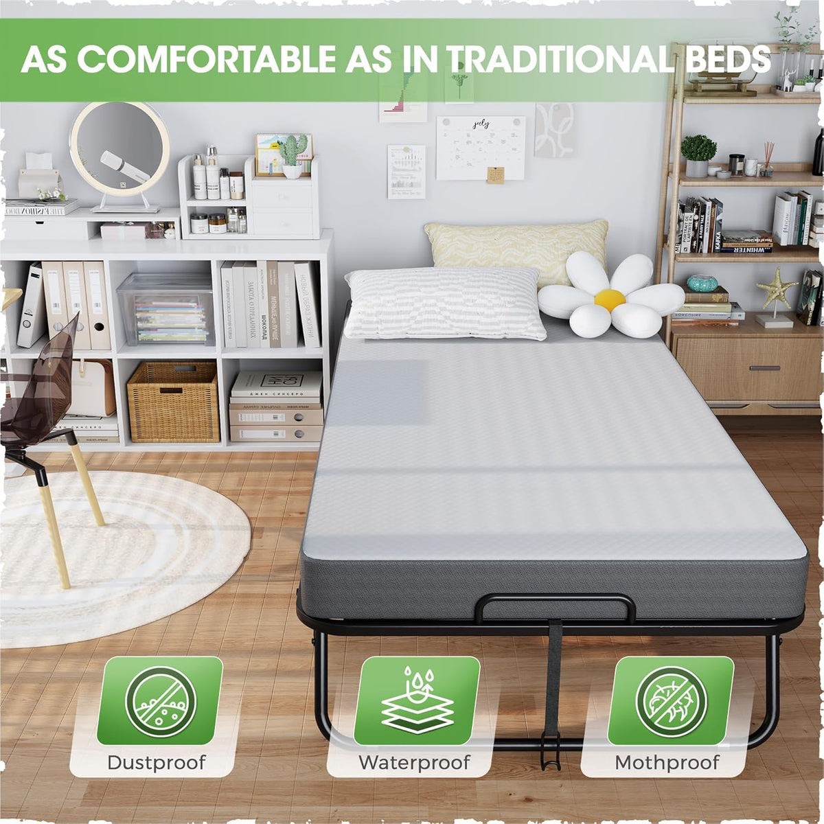 Foldable Single Bed with 5" Memory Foam Mattress and Wheels B64861