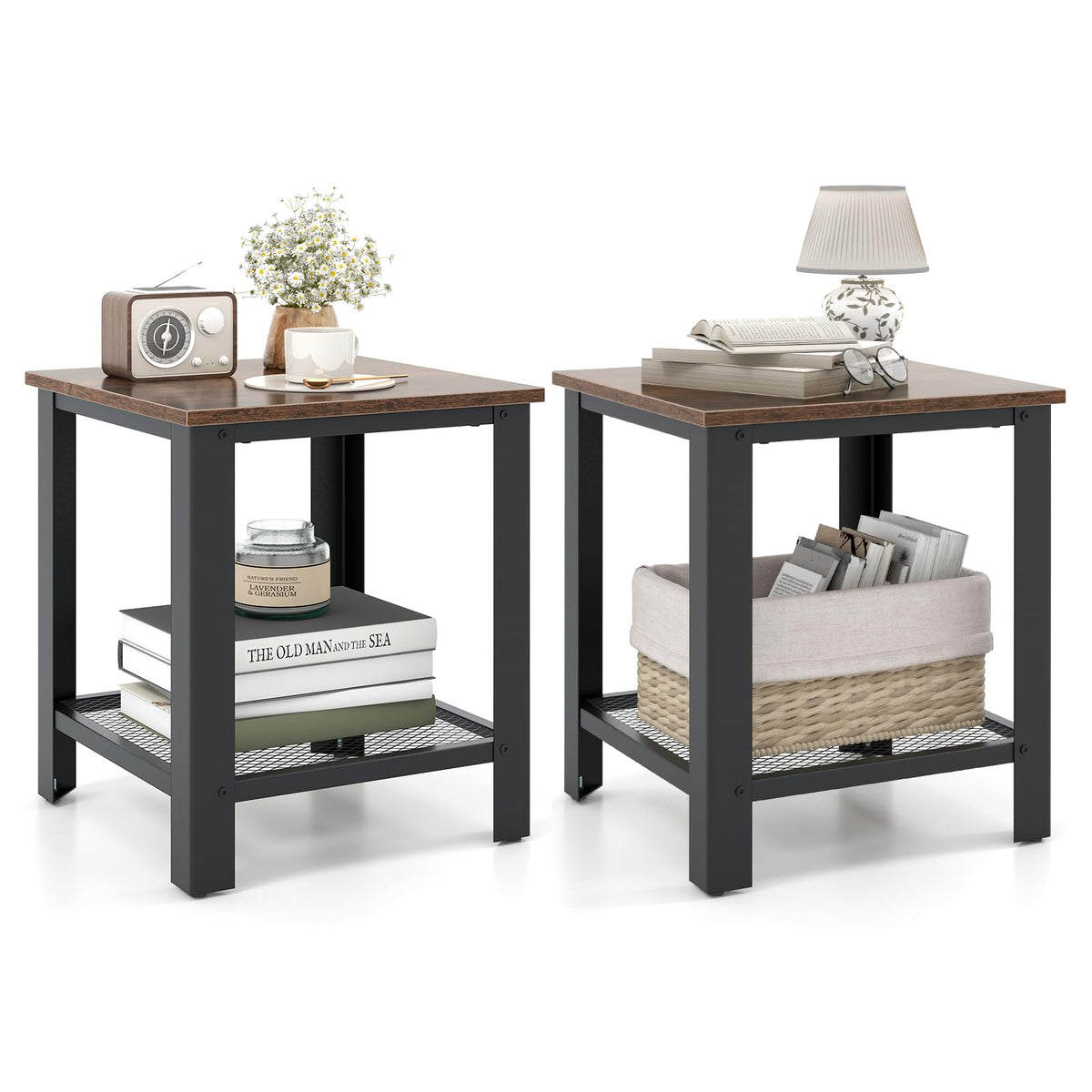 2-Tier End Table Set of 2, 16 Inch Side Table with Mesh Storage Shelf K1003