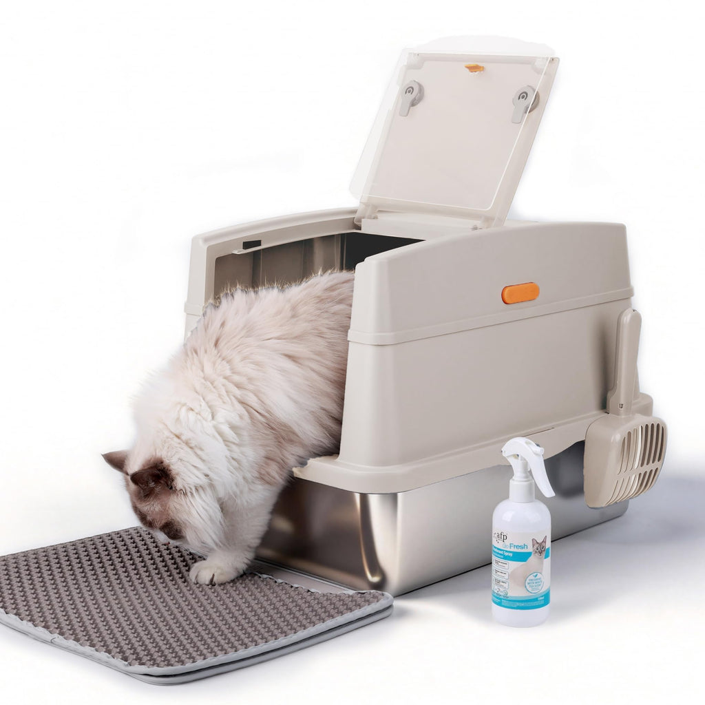 Large Stainless Steel Enclosed Cat Litter Box with Lid and Scoop D376