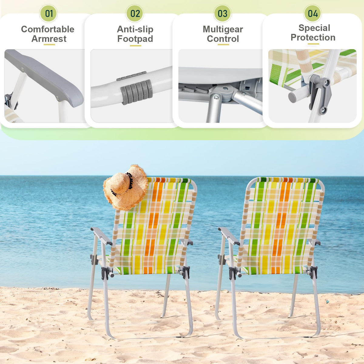 Set of 2 Webbed Folding Beach Chairs Yellow & Green I677552