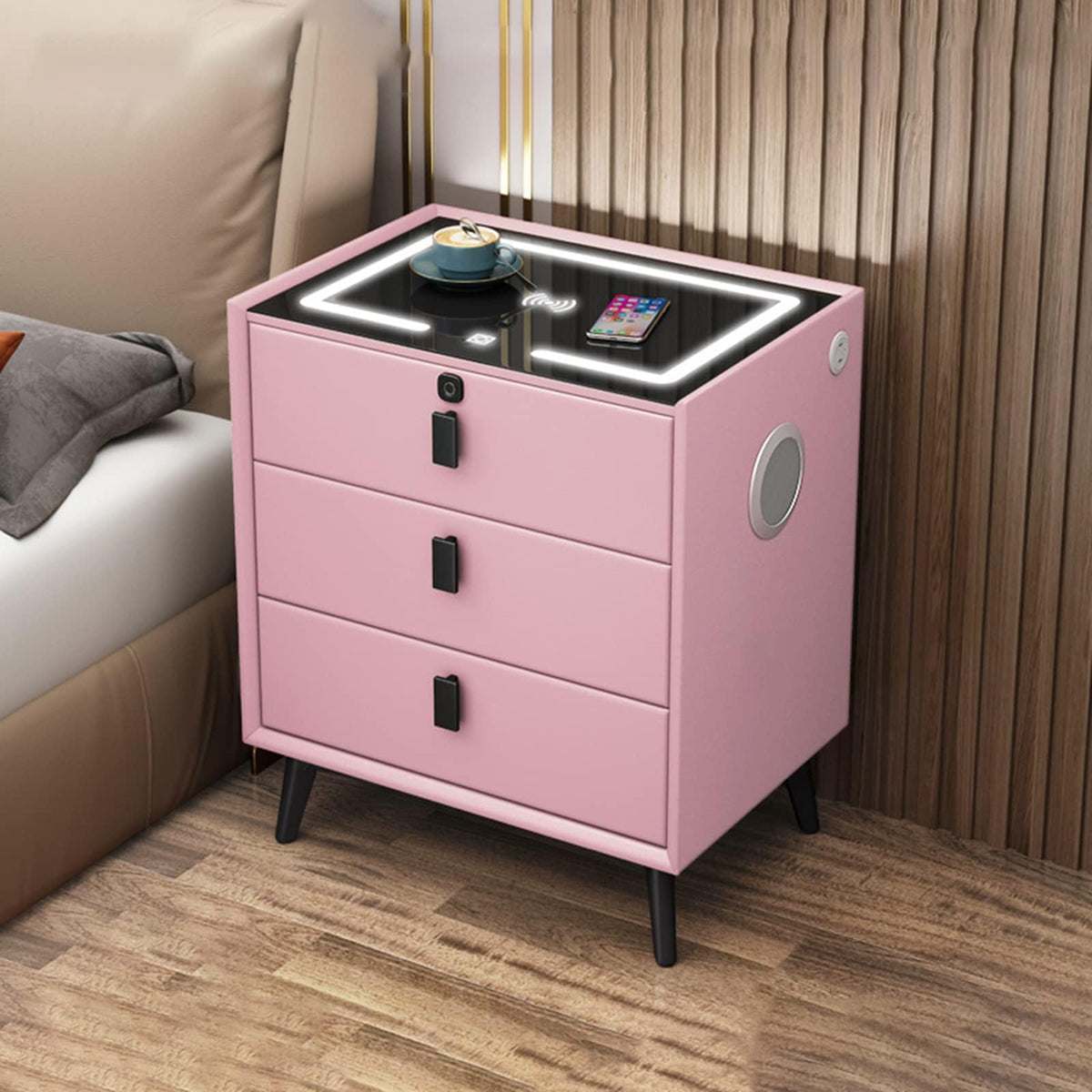Pink 3 Drawer Smart Bedside Table with USB Charging A11038
