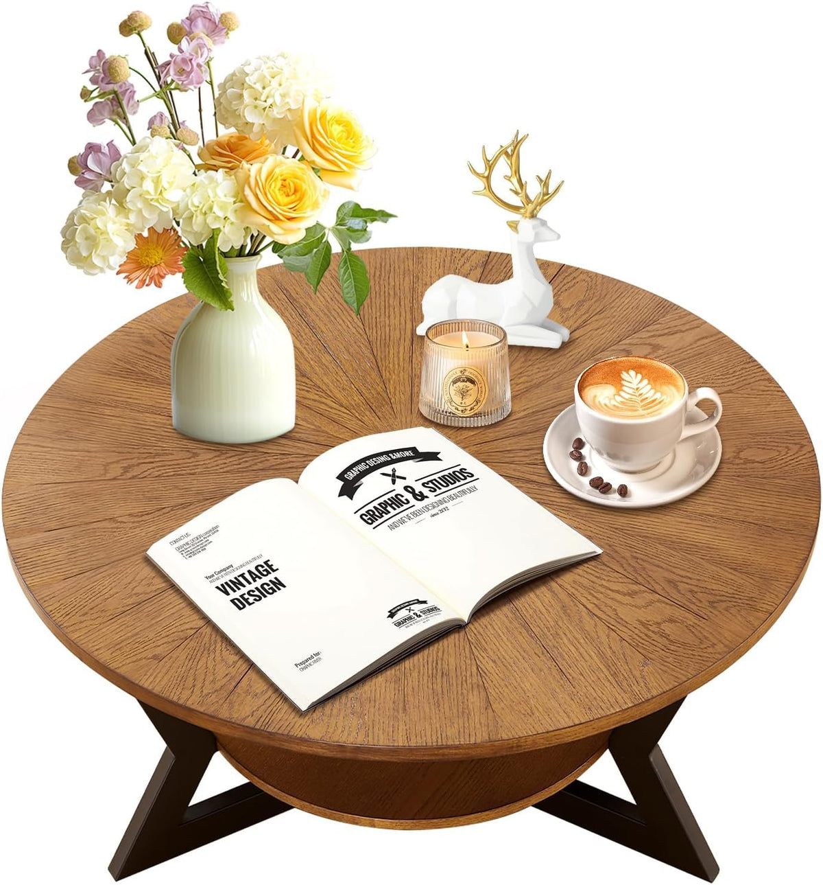 Brown 2-Tier Solid Wood Round Coffee Table Y6421