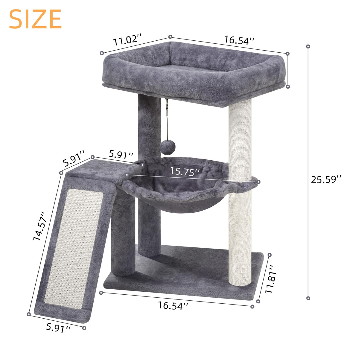 Cat Tree with Scratching Post and Hammock, Grey B6744