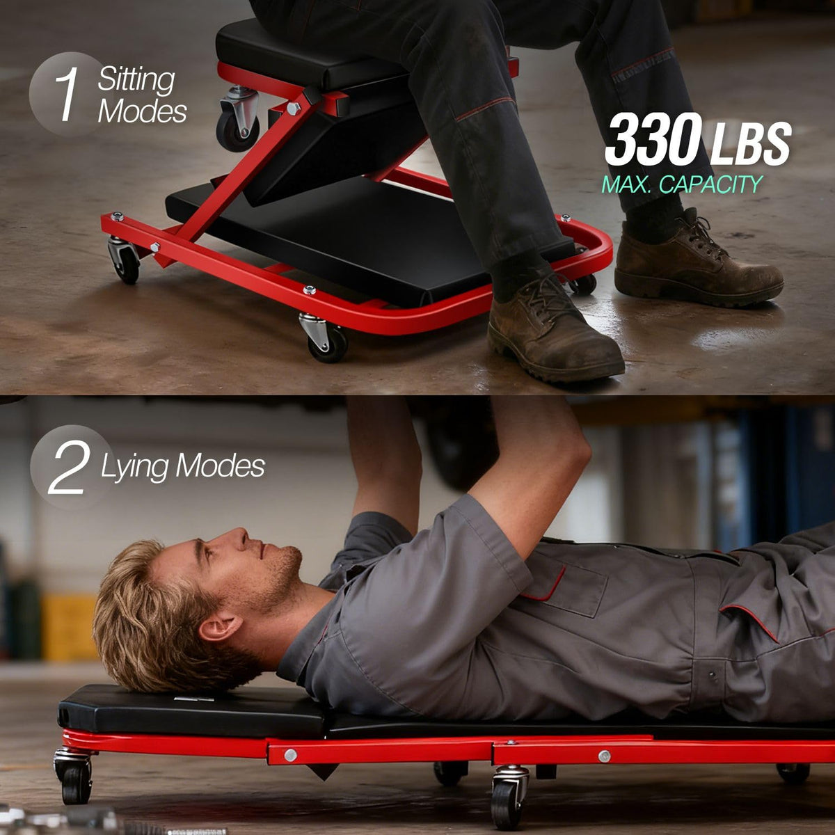 40 Inches 2 IN 1 Rolling Folding Car Creeper/Seat Red W4149