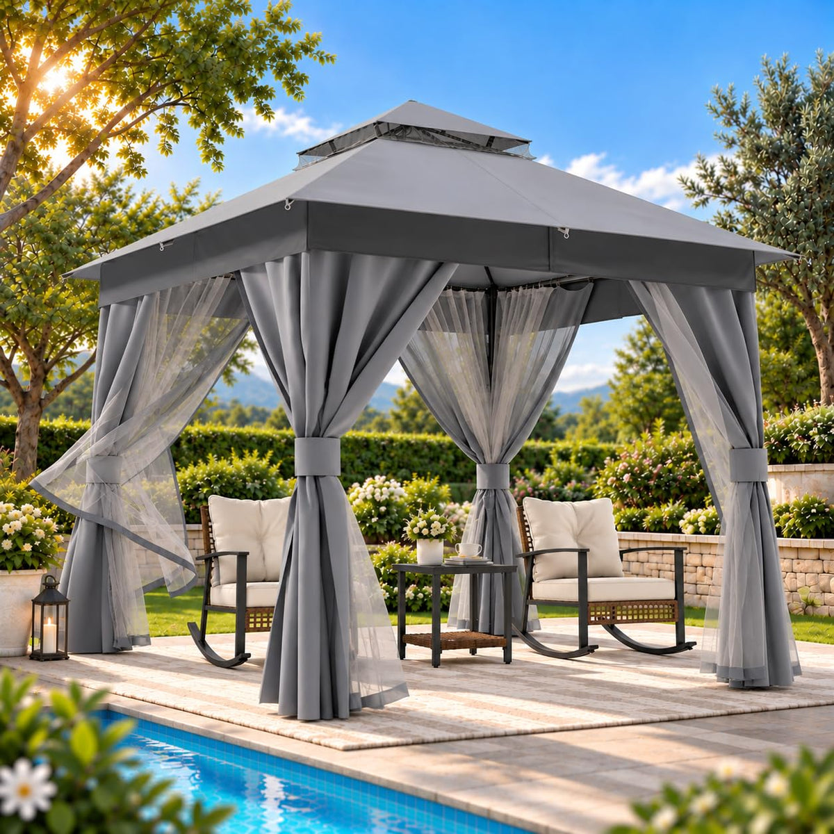 8x8 Gazebo Canopy with Netting, Curtains & Double Roof M8151