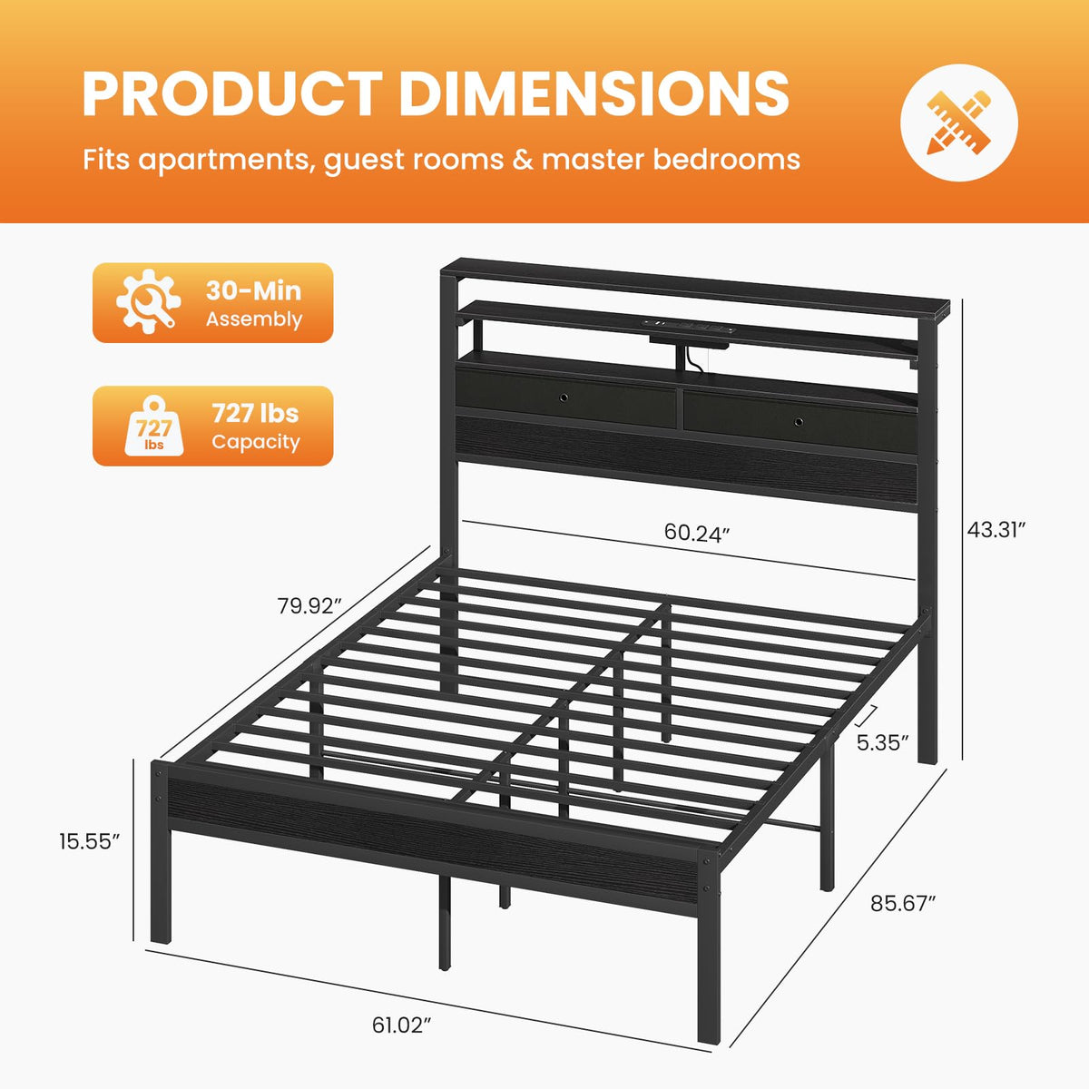 Queen Bed Frame with LED Lights and Charging Station E80209
