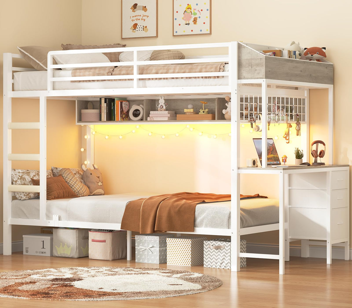 White Twin Over Twin Metal Bunk Bed with Desk and 3 Storage Drawers C971262