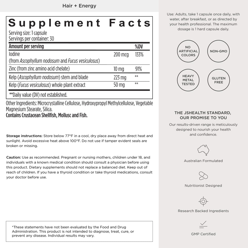 Hair Growth Vitamins with Kelp Iodine and Zinc 30 Capsules J1105
