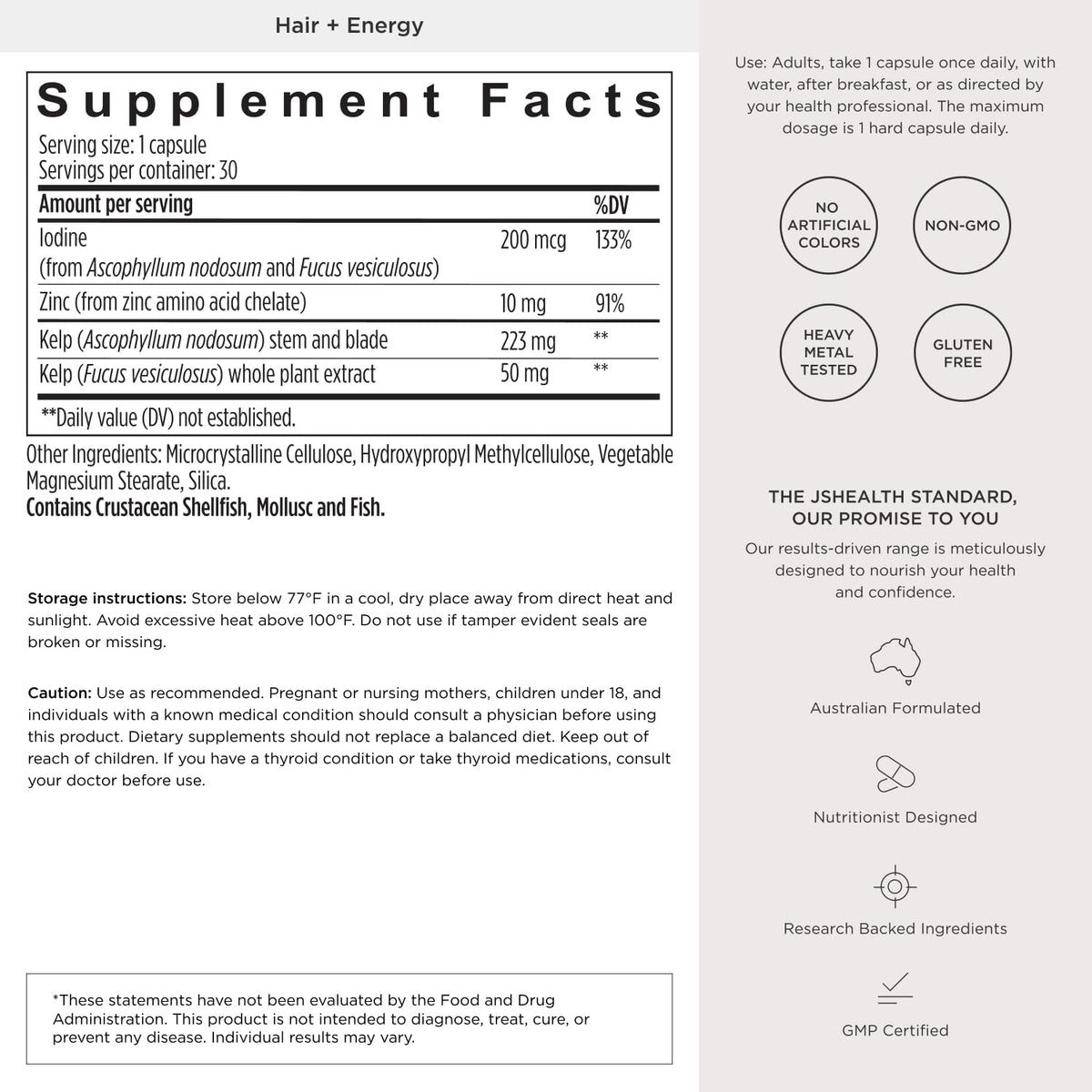 Hair Growth Vitamins with Kelp Iodine and Zinc 30 Capsules J1105
