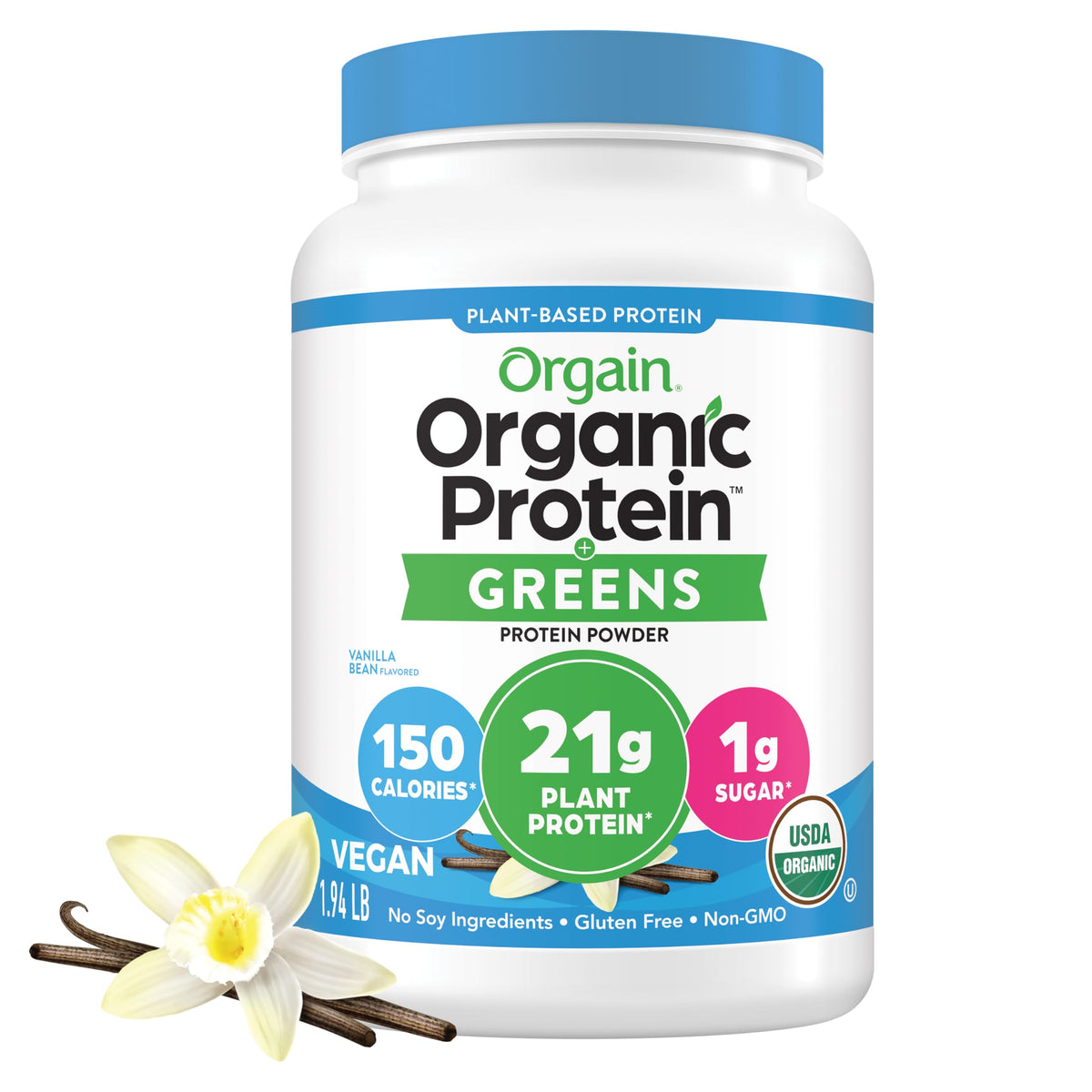 Organic Vegan Protein Powder + Greens Vanilla Bean 21g Plant Based Gluten Free Dairy Free 1.94lb W79567