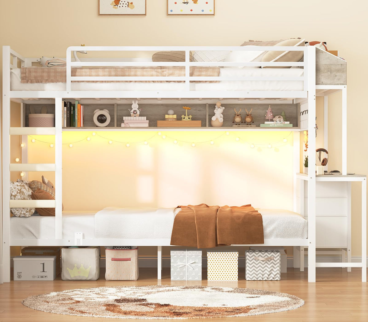 White Twin Over Twin Metal Bunk Bed with Desk and 3 Storage Drawers C971262