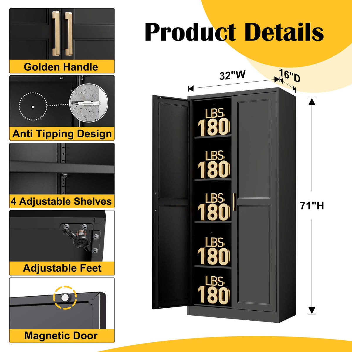 71" Metal Pantry Storage Cabinet with Doors & 4 Adjustable Shelves Y94879