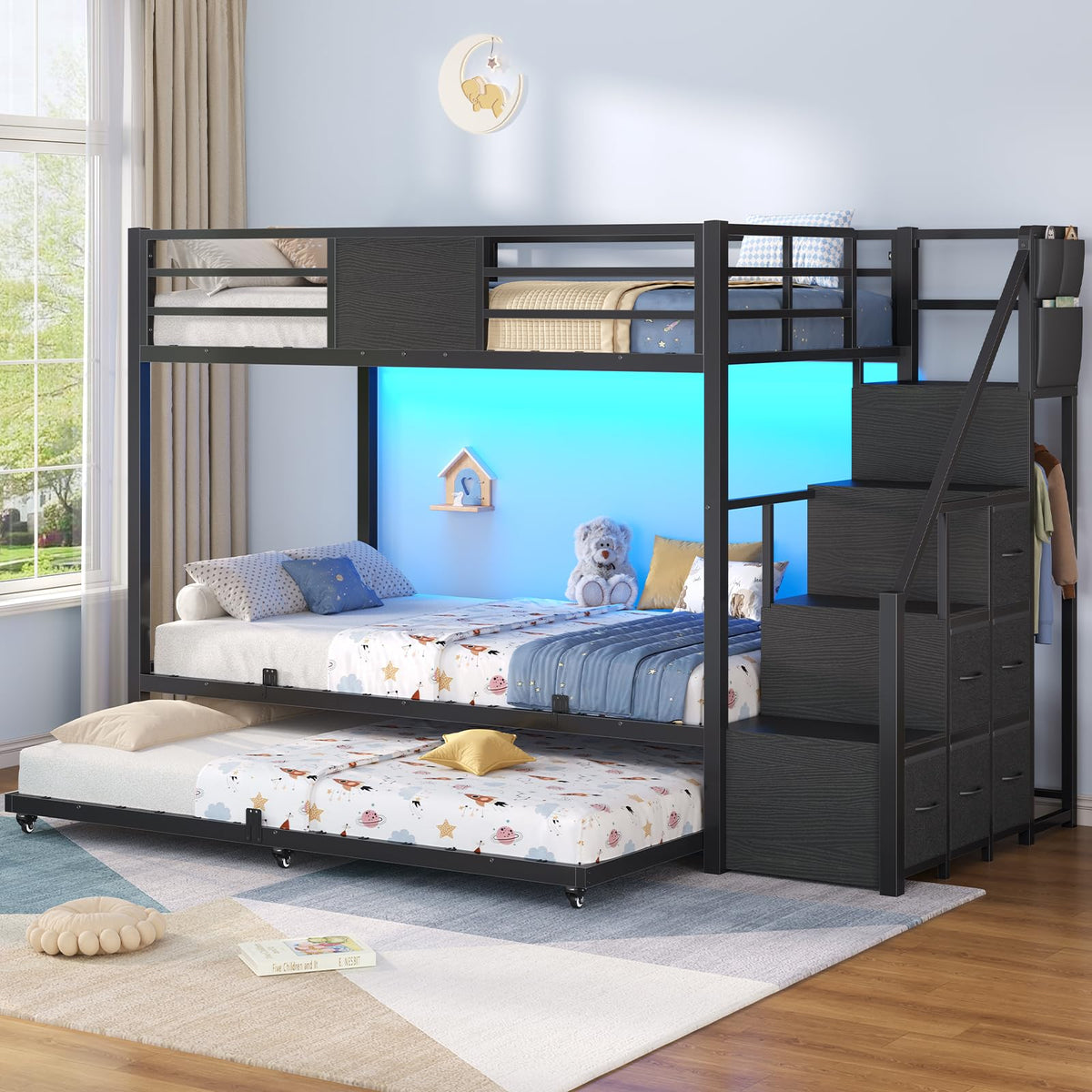 Twin Over Twin Bunk Bed with Trundle, Stairs, 6 Drawers, LED Lights I83905
